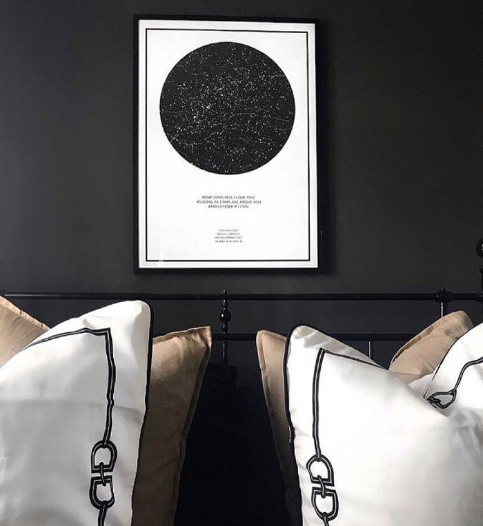 star map print hanging above bed