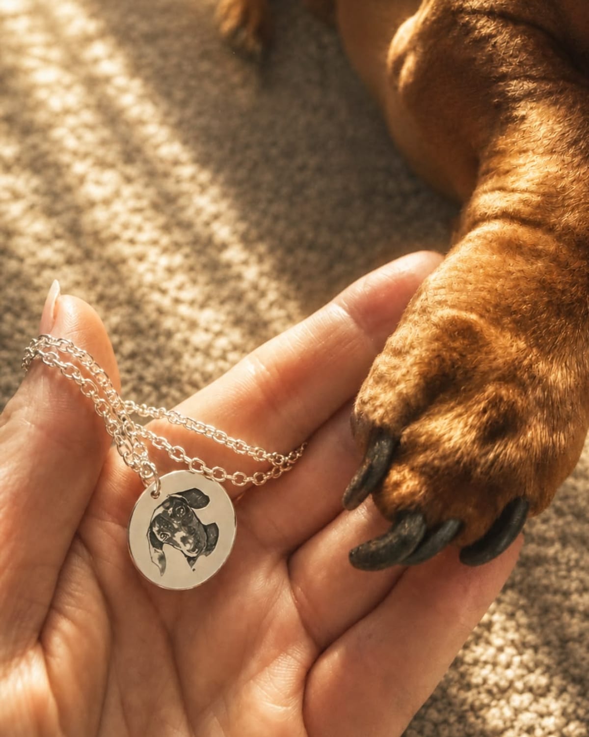 An engraved silver pendant resting in a hand beside a dog's paw
